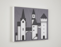 Julian Opie Medieval Village 3, minimalist grayscale inkjet print of medieval architecture with spires and arches on lenticular acrylic.