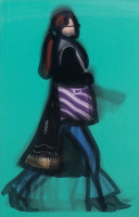 Julian Opie Musician lenticular print shows woman with red ponytail walking in flared jeans and patterned coat against turquoise background.