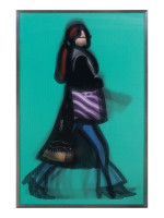 Julian Opie Musician lenticular print shows woman with red ponytail walking in flared jeans and patterned coat against turquoise background.