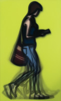 Julian Opie Waitress lenticular print shows woman in jeans and dark top walking with device in hand against bright yellow background.