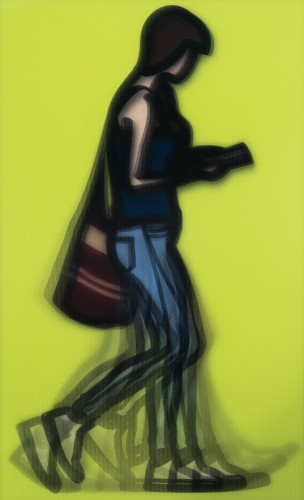 Julian Opie Waitress lenticular print shows woman in jeans and dark top walking with device in hand against bright yellow background.
