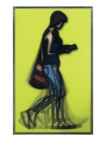 Julian Opie Waitress lenticular print shows woman in jeans and dark top walking with device in hand against bright yellow background.