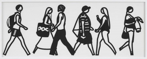 Julian Opie Walking in Melbourne 6 black laser-cut silhouettes of six figures walking on white background. 