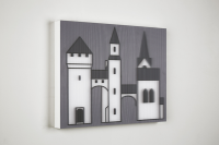 Julian Opie's Medieval Village 1, inkjet on acrylic lenticular print showing stylized medieval towers and arches with dynamic depth effect.
