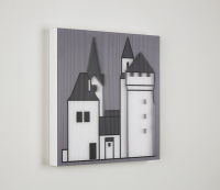 Julian Opie's Medieval Village 2, mixed media print with stylized village towers using acrylic lenticular for a dynamic visual effect.