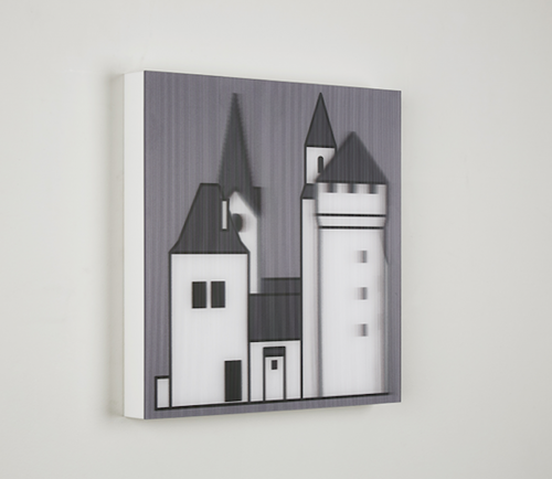 Julian Opie's Medieval Village 2, mixed media print with stylized village towers using acrylic lenticular for a dynamic visual effect.