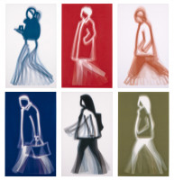 Julian Opie's Old Street Walkers, 2022, series of six lenticular acrylic panels showing minimalistic figures walking in urban settings.
