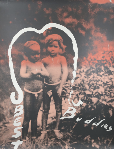Julian Schnabel Best Buddies serigraph with red-toned photo of two children framed by white brushstroke heart and handwritten text. 