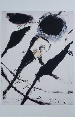 Julian Schnabel Untitled inkjet print with dark fibre-pen strokes, handwritten text, and classical portrait collage on paper
