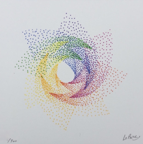 Julio Le Parc's Petite bifurcation lithograph with colorful dots forming a spiral star, creating optical movement and depth.