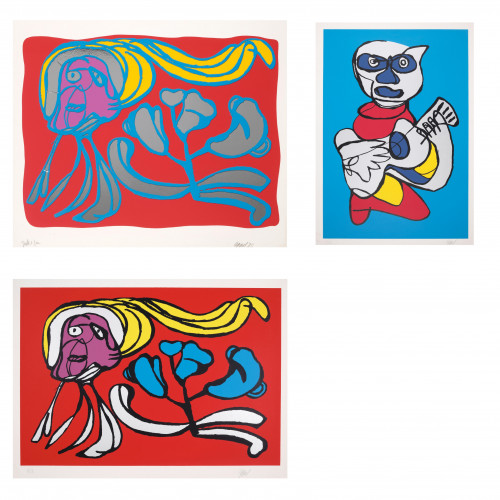 Karel Appel group of 3 screenprints with abstract colorful figures, bold outlines, one with silver mylar, all signed. Karel Appel group of 3 screenprints with abstract colorful figures, bold outlines, one with silver mylar, all signed.