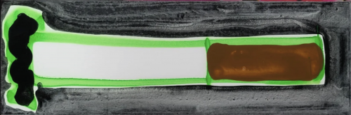 Katherine Bernhardt One Cigarette on Black in Green acrylic and spray paint with oversized cigarette on dark background.