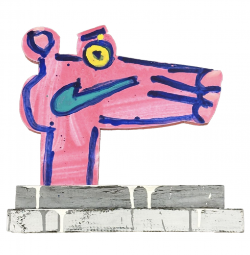 Katherine Bernhardt Panther Panther Rosa Rosa — pink cartoon panther head sculpture with blue outlines and Nike swoosh, mounted on striped painted wood base.