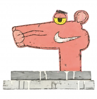 Katherine Bernhardt Panther Panther Rosa Rosa — pink cartoon panther head sculpture with blue outlines and Nike swoosh, mounted on striped painted wood base.