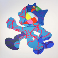 KAWS Ankle Bracelet silkscreen of blue cartoon figure with red veined pattern, X eyes, and colorful abstract facial details.