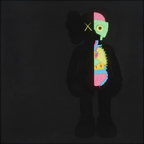 KAWS Dissected Companion (Black) letterpress print of black figure with one side revealing neon-colored cartoon anatomy.    