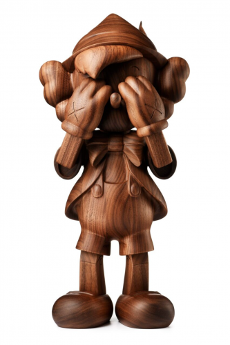 KAWS Pinocchio 2017 wood sculpture of character with hands covering face, featuring X eyes and smooth carved finish. KAWS Pinocchio 2017 wood sculpture of character with hands covering face, featuring X eyes and smooth carved finish.