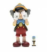 KAWS Pinocchio & Jiminy Cricket vinyl figures with X eyes and hands covering faces, styled after classic Disney characters.   