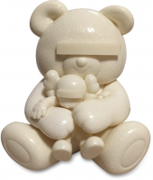 KAWS Undercover Bear vinyl figure in glossy white showing bear holding smaller figure with signature bar eyes and rounded forms.