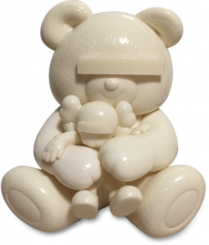 KAWS Undercover Bear vinyl figure in glossy white showing bear holding smaller figure with signature bar eyes and rounded forms.