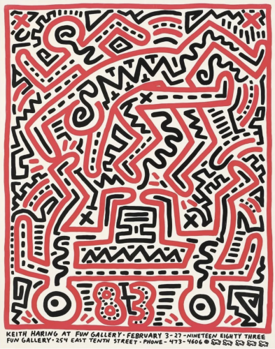 Keith Haring At Fun Gallery offset lithograph with red and black abstract figures, text, and bold 83 at center 