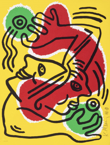 Keith Haring, International Volunteer Day, lithograph, 1988; bold figures in red, yellow, green with black outlines, hand-signed.