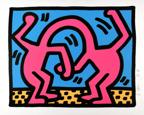 Keith Haring Pop Shop II (D) 1988 silkscreen with two pink figures looping arms on blue background with yellow patterned floor  