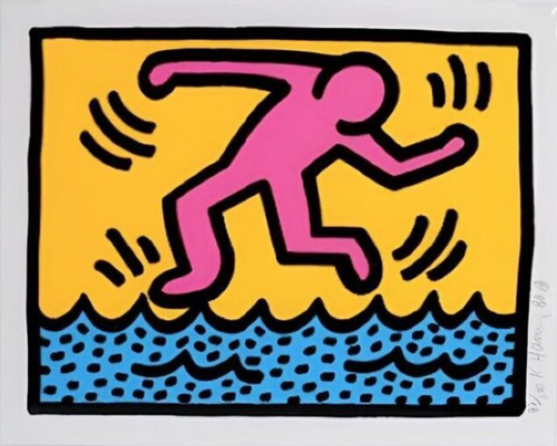 Keith Haring Pop Shop II Plate 3 screenprint with pink figure running over blue waves on yellow background with motion lines.  