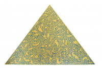 Keith Haring Pyramid (Yellow) screen print on yellow anodized aluminum with blue figures and symbols in triangular format.   