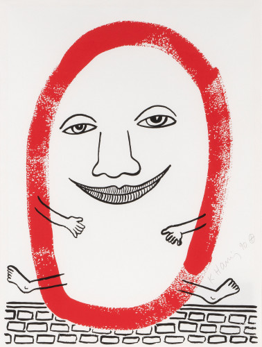 Keith Haring Plate 5 The Story of Red and Blue screenprint with red oval, smiling face, and limbs on white background. Keith Haring Plate 5 The Story of Red and Blue screenprint with red oval, smiling face, and limbs on white background.