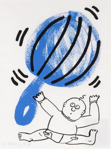 Keith Haring Plate 2 The Story of Red and Blue screenprint with cartoon baby under large blue abstract form. Keith Haring Plate 2 The Story of Red and Blue screenprint with cartoon baby under large blue abstract form.