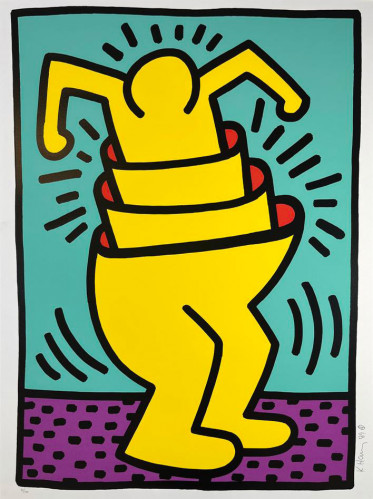 Keith Haring’s Untitled (Cup Man), screen print, shows a yellow segmented figure emerging from stacked cup-like forms.