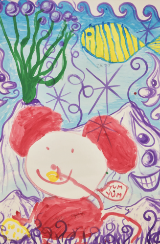 Kenny Scharf Mouse Eats Cheese Underwater watercolor with cartoon mouse, fish, and swirls, co-signed by daughters Zena and Malia  