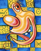 Kenny Scharf Untitled Grinning Whimsy colorful print of a cartoonish grinning face over blue and yellow patterned checkerboard background