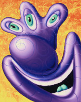 Kenny Scharf Untitled inkjet print with glitter showing grinning purple cartoon face with four green eyes on orange starburst background