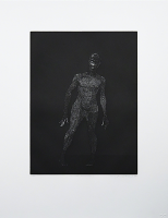 Kerry James Marshall Untitled Frankenstein etching of nude male figure with white linear patterns on black background
