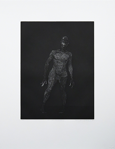 Kerry James Marshall Untitled Frankenstein etching of nude male figure with white linear patterns on black background, edition of 50.  