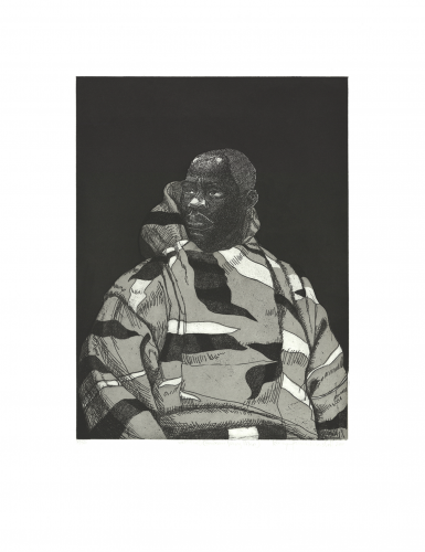 Kerry James Marshall Untitled Handsome Young Man etching of Black man in patterned coat against dark background, edition of 50. 