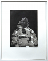Kerry James Marshall Untitled Handsome Young Man etching of Black man in patterned coat against dark background, edition of 50. 