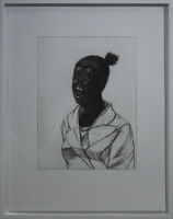 Kerry James Marshall Untitled Woman etching of Black woman with head turned and coat, stark linework and shading, edition of 50.   