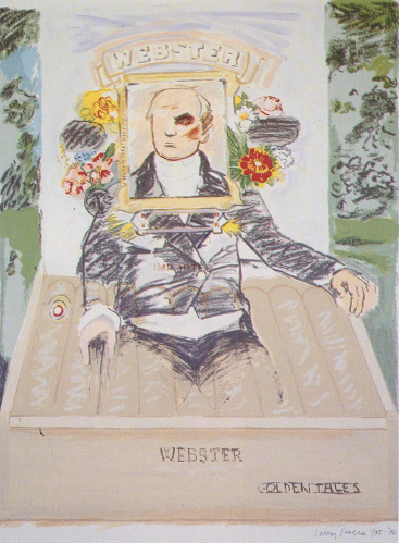 Larry Rivers Golden Tales mixed media with framed man labeled Webster, surrounded by flowers and abstract elements.  