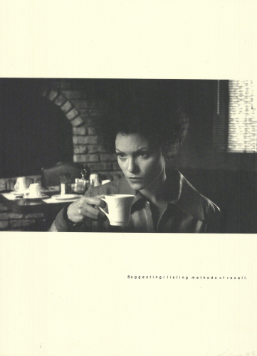 Lorna Simpson Recall silkscreen on felt showing woman with coffee cup in diner, with phrase suggesting/listing methods of recall.  