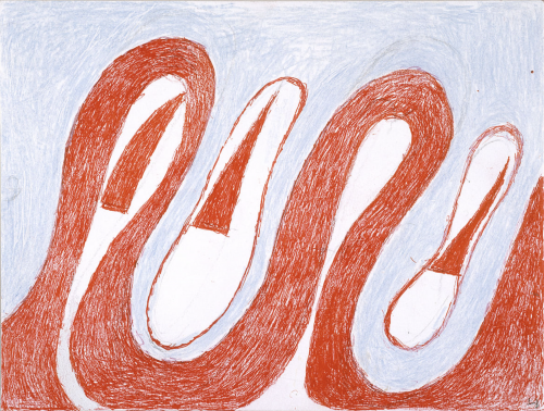Louise Bourgeois Untitled Undulating Ribbon crayon and ink drawing with red ribbon-like waves on blue background