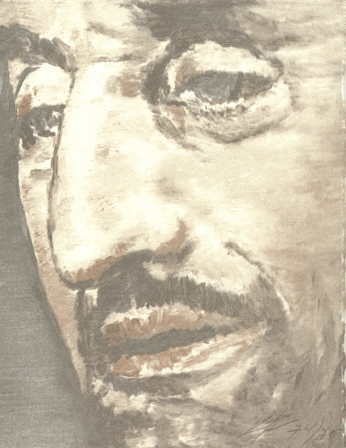 Luc Tuymans The Nose/Le Nez lithograph showing a close-up of a man’s nose and lips in muted brown and beige tones. 