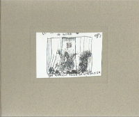 Lucian Freud Encore offset lithograph showing sketchy stage scene with handwritten caption and theatrical figures in ink