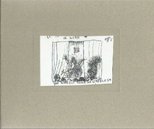 Lucian Freud Encore offset lithograph showing sketchy stage scene with handwritten caption and theatrical figures in ink