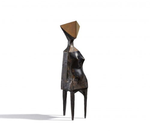 Lynn Chadwick Little Girl bronze sculpture with pyramid head and polished torso on angular legs, geometric and abstracted female form. 