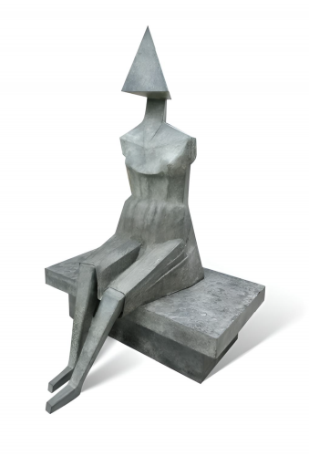 Lynn Chadwick Little Girl III bronze sculpture of angular seated female figure with pyramid head and geometric limbs.