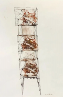 Lynn Chadwick Study for the Watcher pencil and ink wash showing stacked box-like structure with lines and rust-toned textures