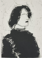 Manolo Valdés Don Juan X etching showing abstract black portrait with simplified features on textured cream paper